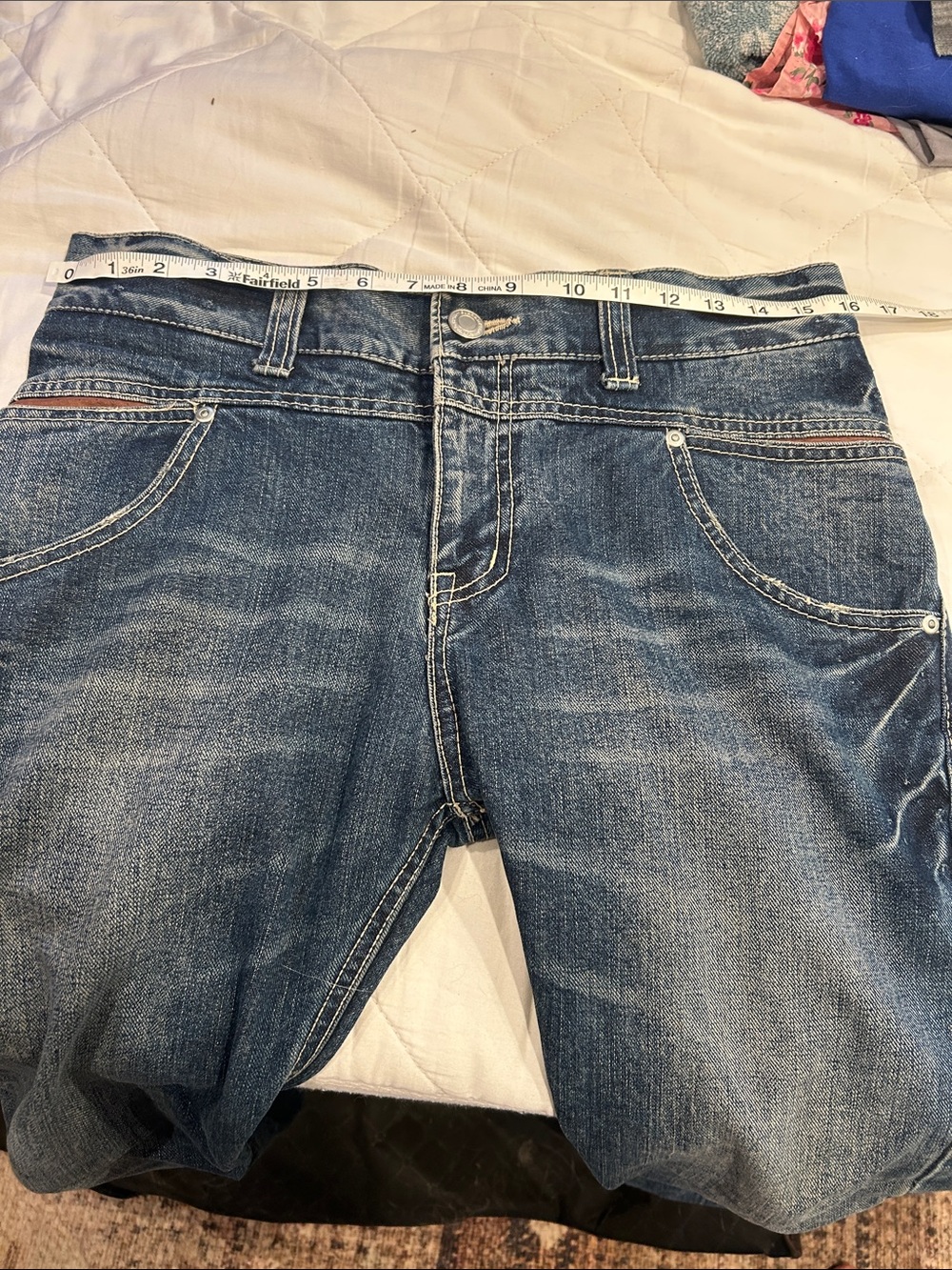 Slim Straight woman’s Denim Jeans in Dark Blue with Brown Pocket Accent